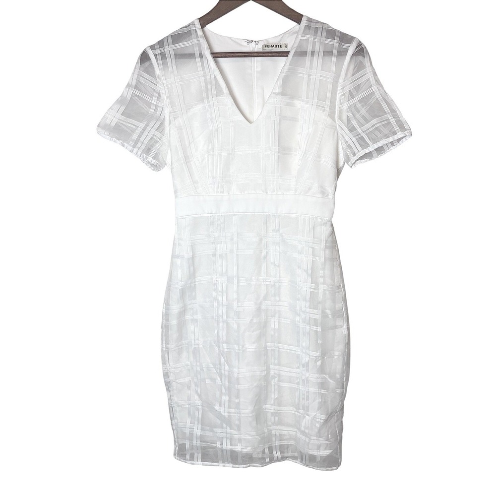 FEHAUTE White Sheer Grid V-Neck Sheath Dress Short Sleeve Size 2